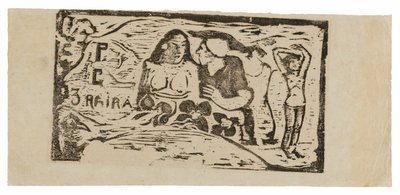 Büste einer nackten Frau und Dreiviertelfigur eines Mannes mit weißer Mütze im Profil, dritte kleine Figur ganz rechts, Kopfstück für Le sourire von Paul Gauguin
