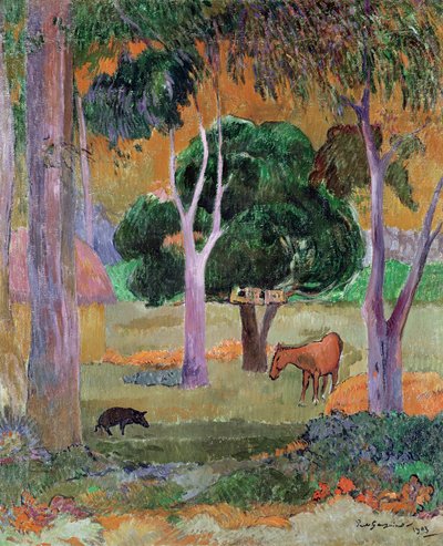 Dominikanische Landschaft oder Landschaft mit Schwein und Pferd, 1903 von Paul Gauguin