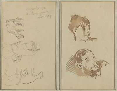Fünf Schafe; Kopf einer Frau und Kopf eines bärtigen Mannes von Paul Gauguin