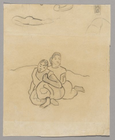 Fragmente von Körpern, ein dekoratives Design und zwei kauernde tahitianische Frauen in einer Landschaft, verwandt mit Nafea Faaipoipo von Paul Gauguin