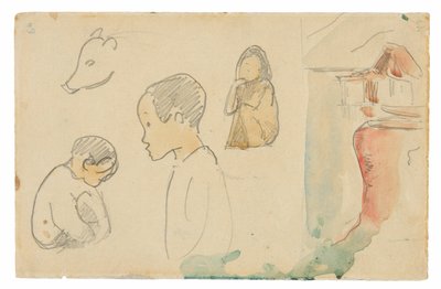 Skizzen von kauernden und stehenden Figuren, einem Schwein und einer Hütte am Wasser von Paul Gauguin