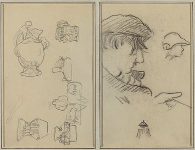 Studien von Krügen und Vasen; Ein Mann mit Schnurrbart und ein Junge mit Hut [recto] von Paul Gauguin