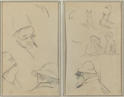 Drei Studien von Männerköpfen, einer mit Brille; Hunde, Kinder und zwei bärtige Männer im Profil (verso) von Paul Gauguin