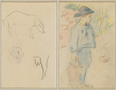 Drei Studien eines Schweins; Bretonischer Junge mit einem Krug (recto) von Paul Gauguin