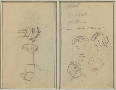 Zwei Figuren und eine Bank; Drei Studien von Männerköpfen und eine von einer Hand [recto] von Paul Gauguin
