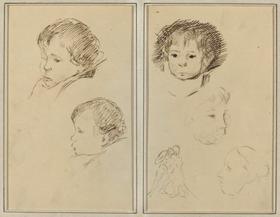Zwei Studien eines Kinderkopfes; Zwei Studien eines Kinderkopfes, eine Frau im Profil und ein Mann, der mit einem Tier ringt von Paul Gauguin