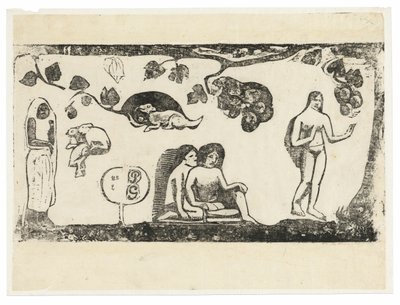 Frauen, Tiere und Laub, aus der Suite der späten Holzschnittdrucke von Paul Gauguin
