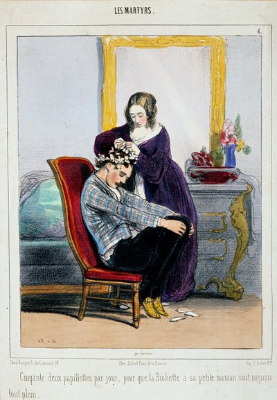 Eine Mutter legt ihrem Sohn Lockenwickler an. Karikatur von Paul Gavarni (1804-1866) von Paul Gavarni