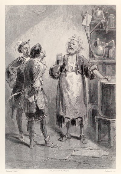 Gulliver betritt einen Raum in der großen Akademie von Lagado, der von einem widerlichen Geruch erfüllt ist, aus der französischen Ausgabe von Gullivers Reisen von Jonathan Swift von Paul Gavarni