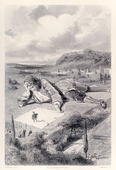 Gulliver hat eine Audienz beim Kaiser von Lilliput, aus der französischen Ausgabe von Gullivers Reisen von Jonathan Swift von Paul Gavarni