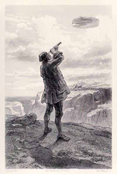 Gulliver sieht die fliegende Insel Laputa zum ersten Mal und untersucht sie durch sein Teleskop, aus der französischen Ausgabe von Gullivers Reisen von Jonathan Swift von Paul Gavarni
