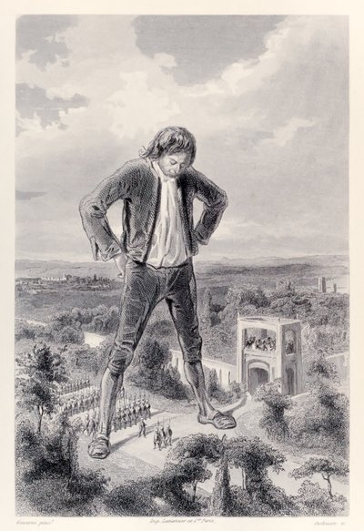 Die Lilliputanische Armee marschiert zwischen den Beinen von Gulliver, aus der französischen Ausgabe von Gullivers Reisen von Jonathan Swift von Paul Gavarni