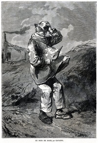 Der Monat März: Darstellung eines Mannes, der in einer Hand einen Blasebalg und in der anderen seinen Hut hält, seine Kleidung wird vom Wind aufgewirbelt von Paul Gavarni