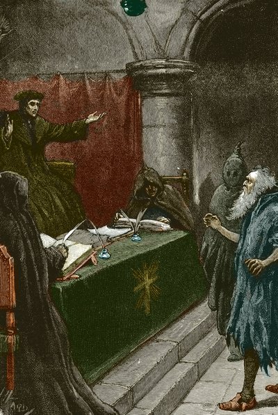 Inquisition und Vertreibung der Juden aus Spanien: ein spanischer Jude vor dem Großinquisitor um 1492 zur Zeit der Veröffentlichung des Dekrets von Alhambra - Illustration von Paul Hardy 1891 von Paul Hardy