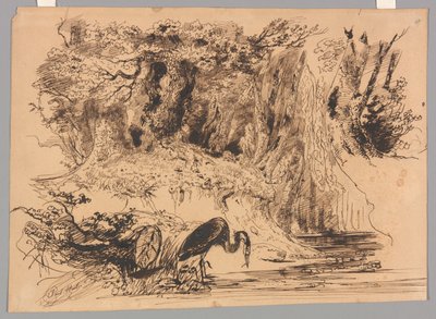 Waldteich mit Reiher von Paul Huet