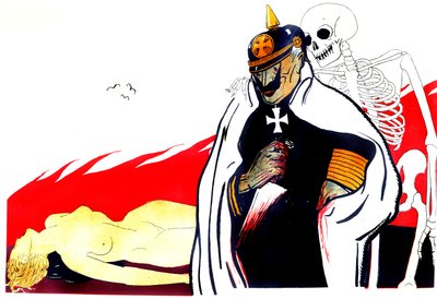 Tod mit Kaiser Wilhelm und der Leiche einer ermordeten Frau, die Belgien darstellt von Paul Iribe