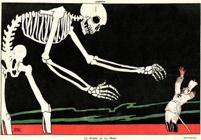 Der Kaiser und der Tod. Erster Weltkrieg 1914-1918: Wilhelm II. (1859-1941) in einem Meer aus Blut, bedroht von einem Skelett. Karikatur, die die mechanische und spöttische deutsche Dummheit hervorhebt und so die Moral der Franzosen während des Krieges unt von Paul Iribe