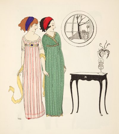 Zwei Empire-Tageskleider aus Les Robes de Paul Poiret, veröffentlicht 1908 von Paul Iribe