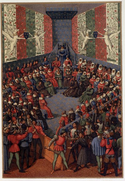 Karl VII. präsidiert über das Urteil von Johann, Herzog von Alençon (verbündet mit den Engländern) in Vendôme 1458 - nach der Miniatur von Fouquet, in „Militärisches und religiöses Leben im Mittelalter und in der Renaissance“ von Paul Lacroix, Paris von Paul Lacroix