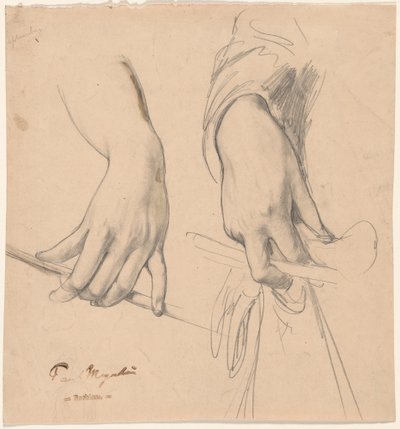 Eine linke Hand, die einen Stab hält, und eine rechte Hand, die einen Handschuh und eine Reitgerte(?) hält von Paul Meyerheim