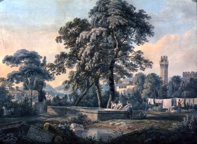 Eine italienische Landschaft mit Frauen an einem Waschplatz von Paul Sandby