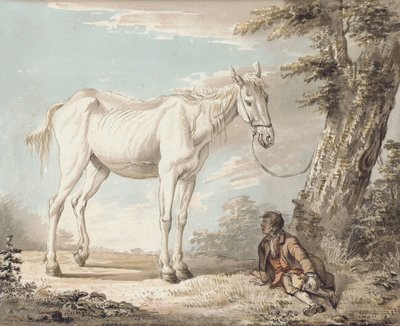 Ein alter grauer Hengst an einen Baum gebunden, ein Junge ruht in der Nähe von Paul Sandby