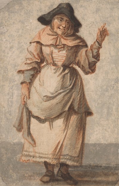 Eine alte Marktfrau, die grinst und mit der linken Hand gestikuliert von Paul Sandby