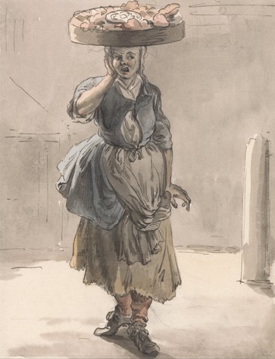Londoner Rufe- Ein Mädchen mit einem Korb auf dem Kopf (Lichter für die Katzen, Leber für die Hunde) von Paul Sandby
