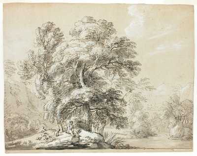 Mann und Hund unter Bäumen am Fluss sitzend von Paul Sandby