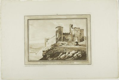 Manerbawr Castle in Pembroke Shire, aus Zwölf Ansichten in Aquatinta von Zeichnungen vor Ort in Südwales von Paul Sandby