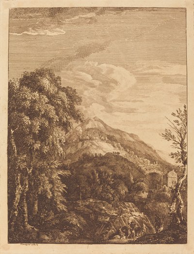Gebirgige Landschaft mit einem Wasserfall, Rundturm, Schloss und Banditen von Paul Sandby