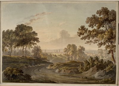 Oxford. Schäfer treibt Schafe auf der Straße nach Oxford, das am Horizont im Sonnenuntergang leuchtet. von Paul Sandby