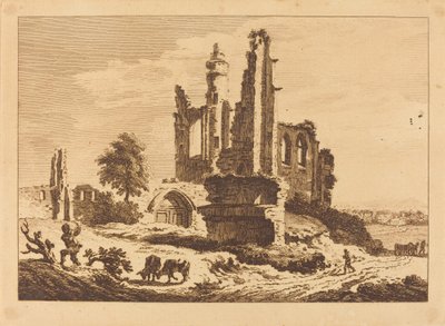 Verfallene Abtei mit Vieh und einem Holz hackenden Mann von Paul Sandby
