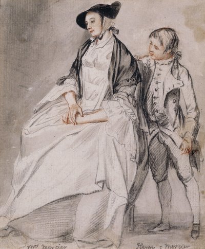 Studie von Mrs. Mercier, die in einem Stuhl sitzt, und ihrem jüngsten Sohn Henry Mercier, der hinter ihr steht von Paul Sandby