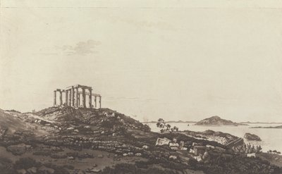 Ansichten im Levant: Ruinierter Tempel auf Hügel bei Suninum mit Blick auf Inseln von Paul Sandby