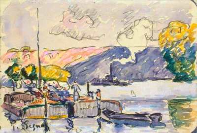 Zwei Lastkähne, Boot und Schlepper in Samois, um 1900 von Paul Signac