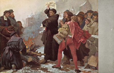 Martin Luther verbrennt die päpstliche Bulle, die ihm mit Exkommunikation droht, vor dem Elstertor in Wittenberg, Deutschland, 10. Dezember 1520 von Friedrich Paul Thumann