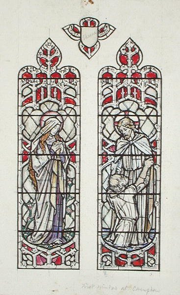 Fensterentwürfe mit Darstellung von St. Maria Magdalena und Christus mit St. Peter für die Claverton Parish Church von Paul Vincent Woodroffe