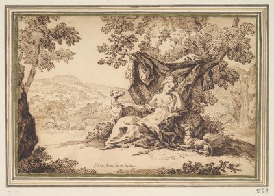 Frau mit zwei Hunden in einer Landschaft sitzend von Paul van Somer