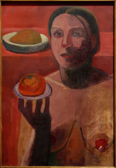 Halbakt einer Italienerin mit Teller in der erhobenen Hand von Paula Modersohn Becker