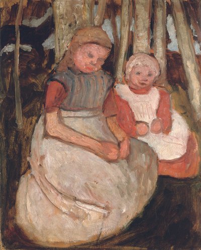 Zwei sitzende Mädchen vor Birkenstämmen von Paula Modersohn Becker