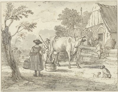 Bauern mit einer Kuh vor dem Haus von Paulus Constantijn la Fargue