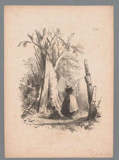 Landschaft mit Frau, die die Wäsche aufhängt von Paulus Lauters (attributed to)