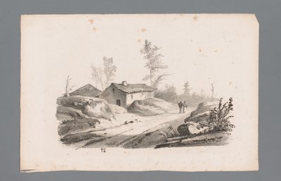 Heuvellandschaft mit Landweg und Häusern (Beginselen van landschappen) von Paulus Lauters
