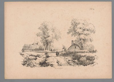 Landschaft mit zwei Häusern und zwei Figuren auf einem Weg von Paulus Lauters