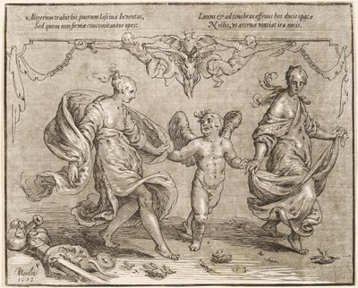 Amor tanzt mit zwei allegorischen Frauen von Paulus Moreelse