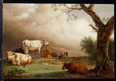 Rinder auf einem Feld, mit Reisenden in einem Wagen auf einem Weg dahinter und einem Kirchturm in der Ferne, ein Regensturm nähert sich, 1652 von Paulus Potter