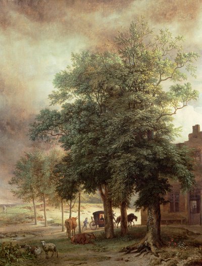 Landschaft mit Kutsche oder Haus hinter den Bäumen von Paulus Potter