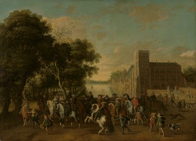Prinz Maurits, begleitet von Prinz Frederik Hendrik, Friedrich V. von Böhmen und seiner Frau Elizabeth Stuart, und anderen, auf dem Buitenhof, Den Haag von Pauwels van Hillegaert