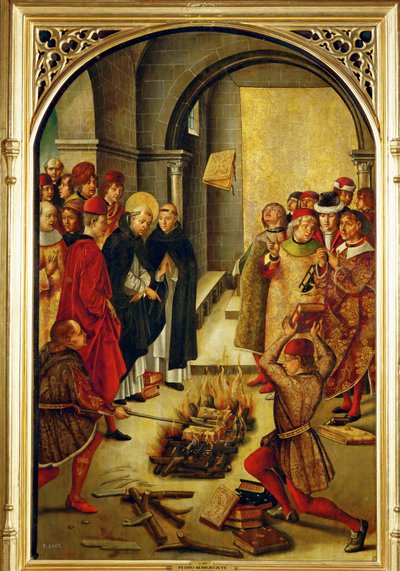 Der heilige Dominikus leitet das Verbrennen der ketzerischen Bücher der Albigenser von Pedro Berruguete